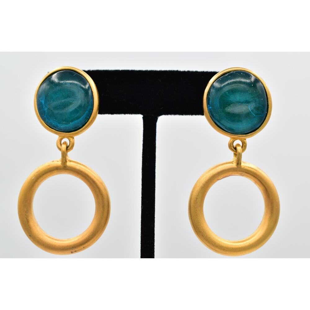 Vintage Lucite Cabochon Dangle Earrings Teal Blue Brushed Gold Chunky 1980s 9E